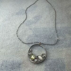 Silver Circle Pendant Necklace with Pale Yellow and White Stones